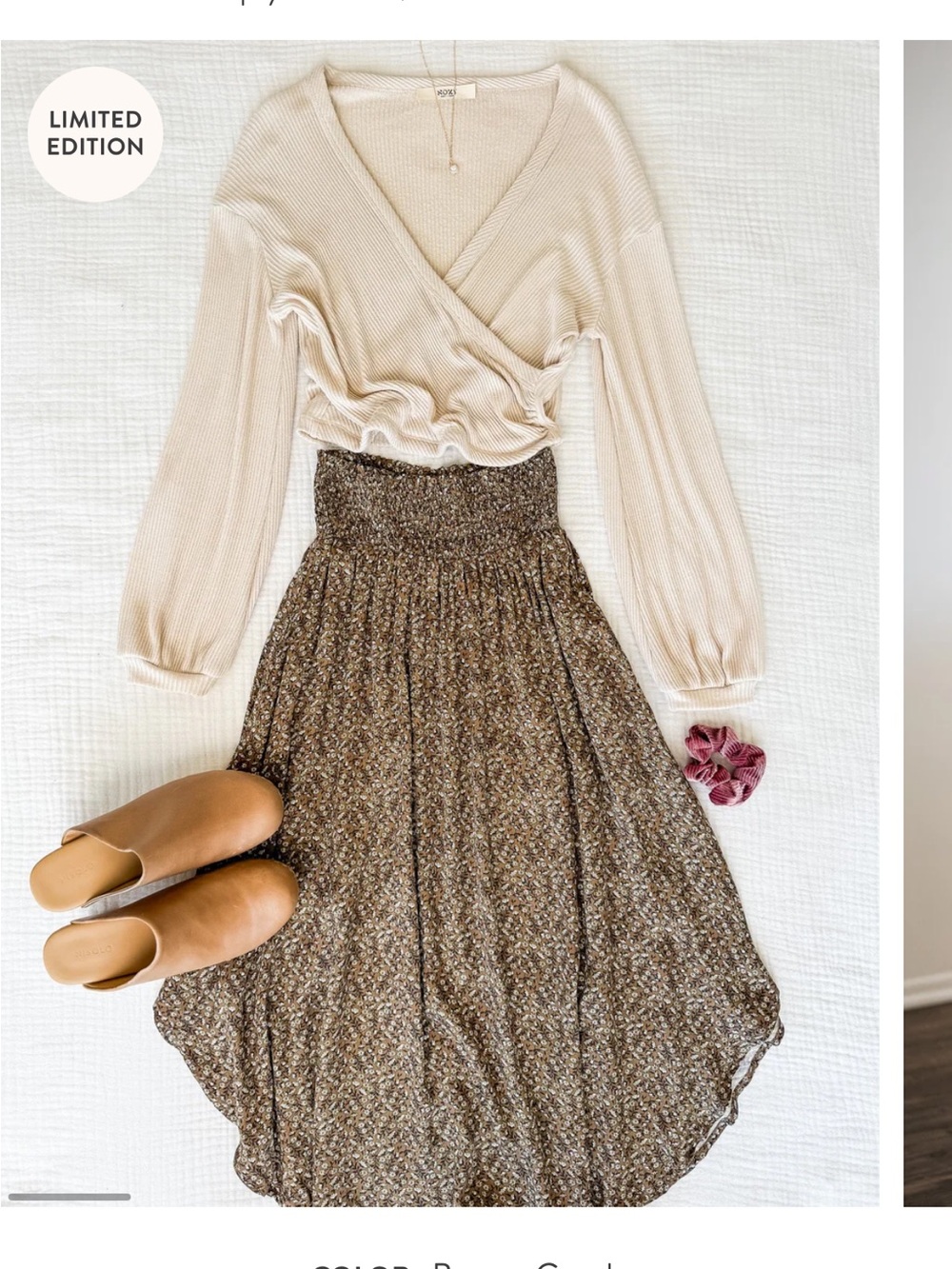 Sozy Smocked Waist Printed Midi Skirt in Beige - Picture 7 of 8